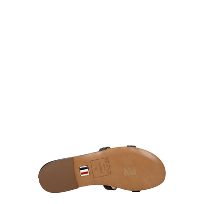 Sole view of Thom Browne Black Leather Slippers Sandals with open toe and low, flat heel style.