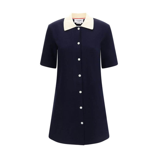 Thom Browne Blue Cotton Casual Dress featuring short sleeves, button closure, polo collar, ribbed knit for elegance and comfort.