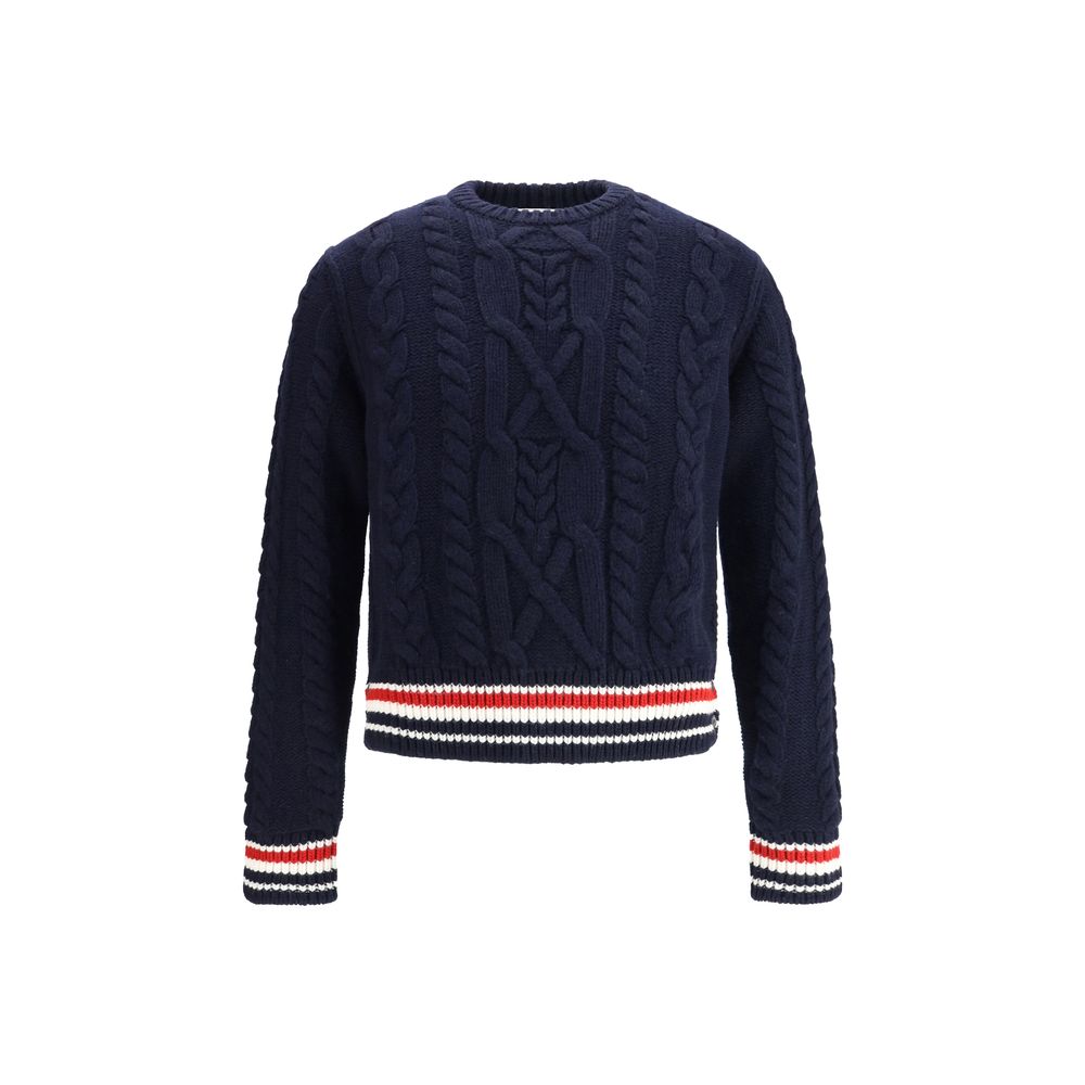 Thom Browne Blue Fleece Wool Sweatshirt with cable-knit design and tricolor hem and cuffs for elegant style and comfort.