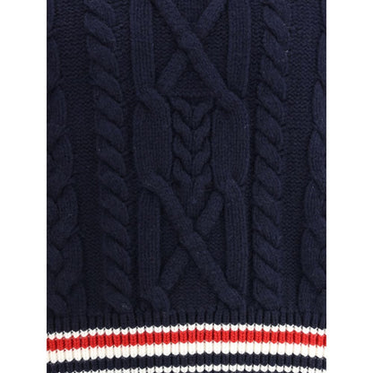 Close-up of Thom Browne Blue Fleece Wool Sweatshirt cable knit pattern with tricolor hem detail.