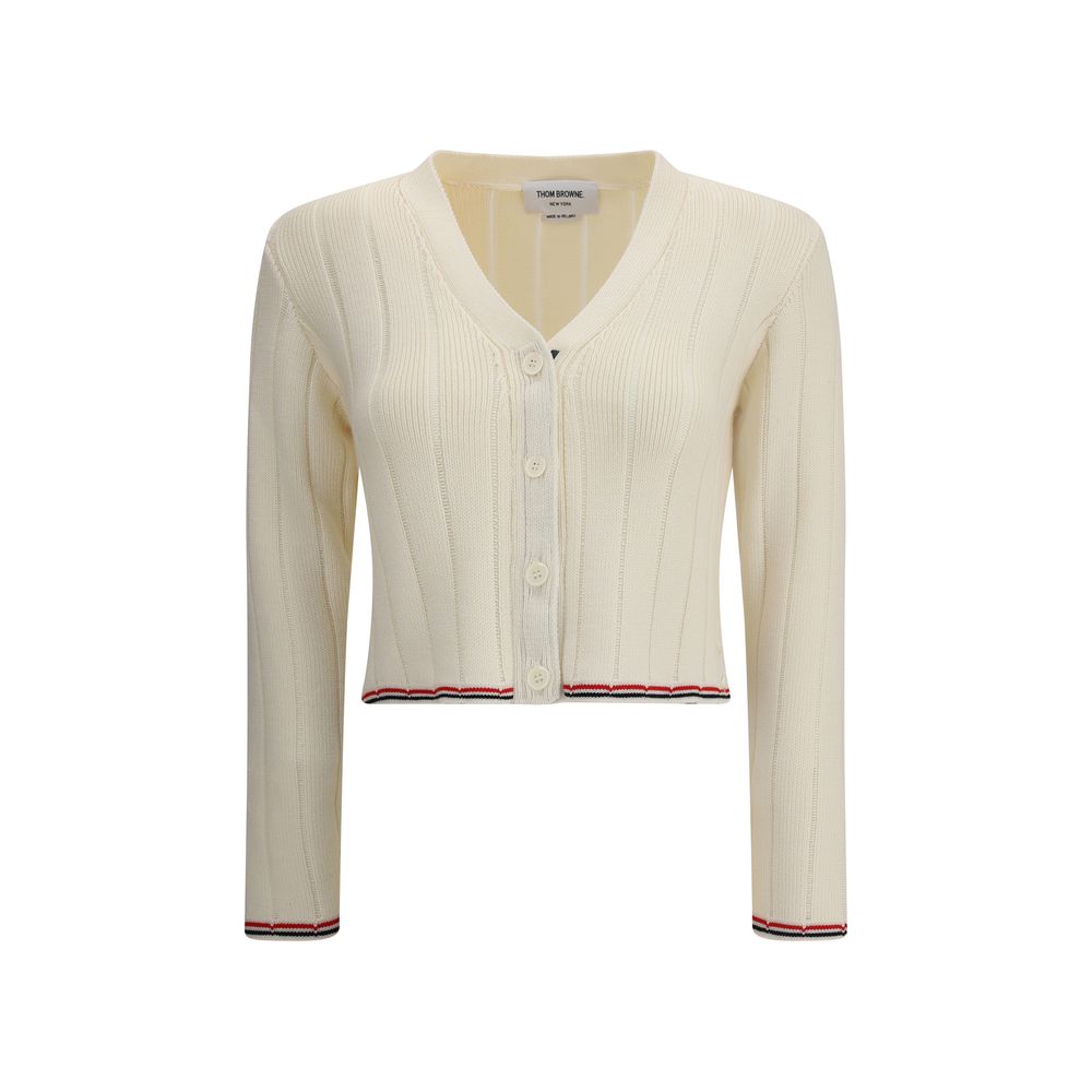 Thom Browne Cream Fleece Wool Cardigan featuring V-neck, button closure, ribbed design, and iconic colored bands on cuffs and hem.