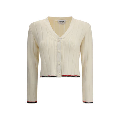 Thom Browne Cream Fleece Wool Cardigan featuring V-neck, button closure, ribbed design, and iconic colored bands on cuffs and hem.