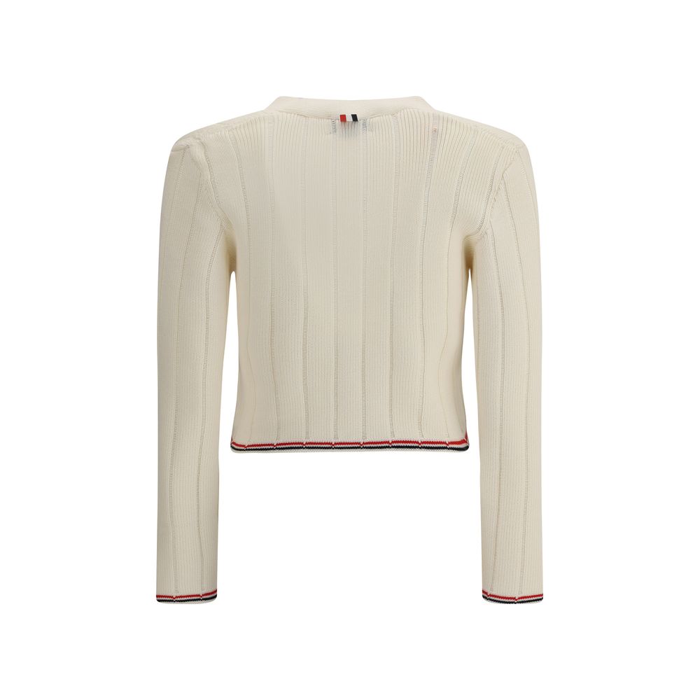 Thom Browne Cream Fleece Wool Cardigan featuring ribbed design and iconic colored bands, view of backside.