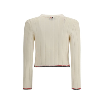 Thom Browne Cream Fleece Wool Cardigan featuring ribbed design and iconic colored bands, view of backside.