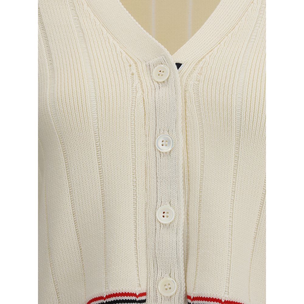 Thom Browne Cream Fleece Wool Cardigan with ribbed design, button closure, and iconic colored bands detail for AW25 season.