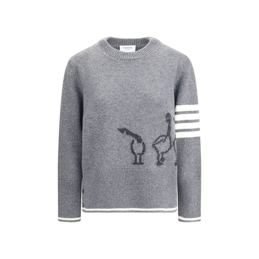 Thom Browne Gray Fleece Wool Sweatshirt with geese design and iconic arm bands, featuring a ribbed crew neck and asymmetric hem.