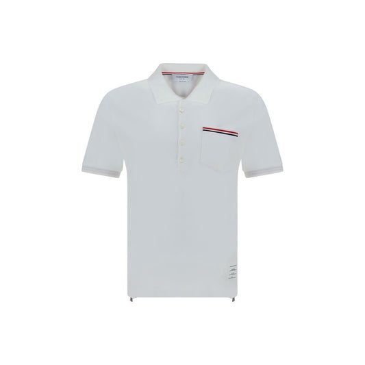 Thom Browne Short Sleeves Polo Shirt with classic collar and patch pocket featuring iconic bands for a stylish, sophisticated look.
