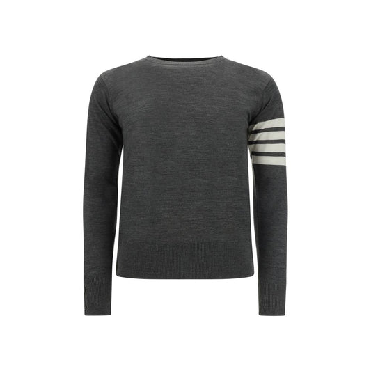 Thom Browne Sweater, fleece wool with ribbed neck, hem, cuffs, and iconic stripes on left arm, monochrome, AW25.
