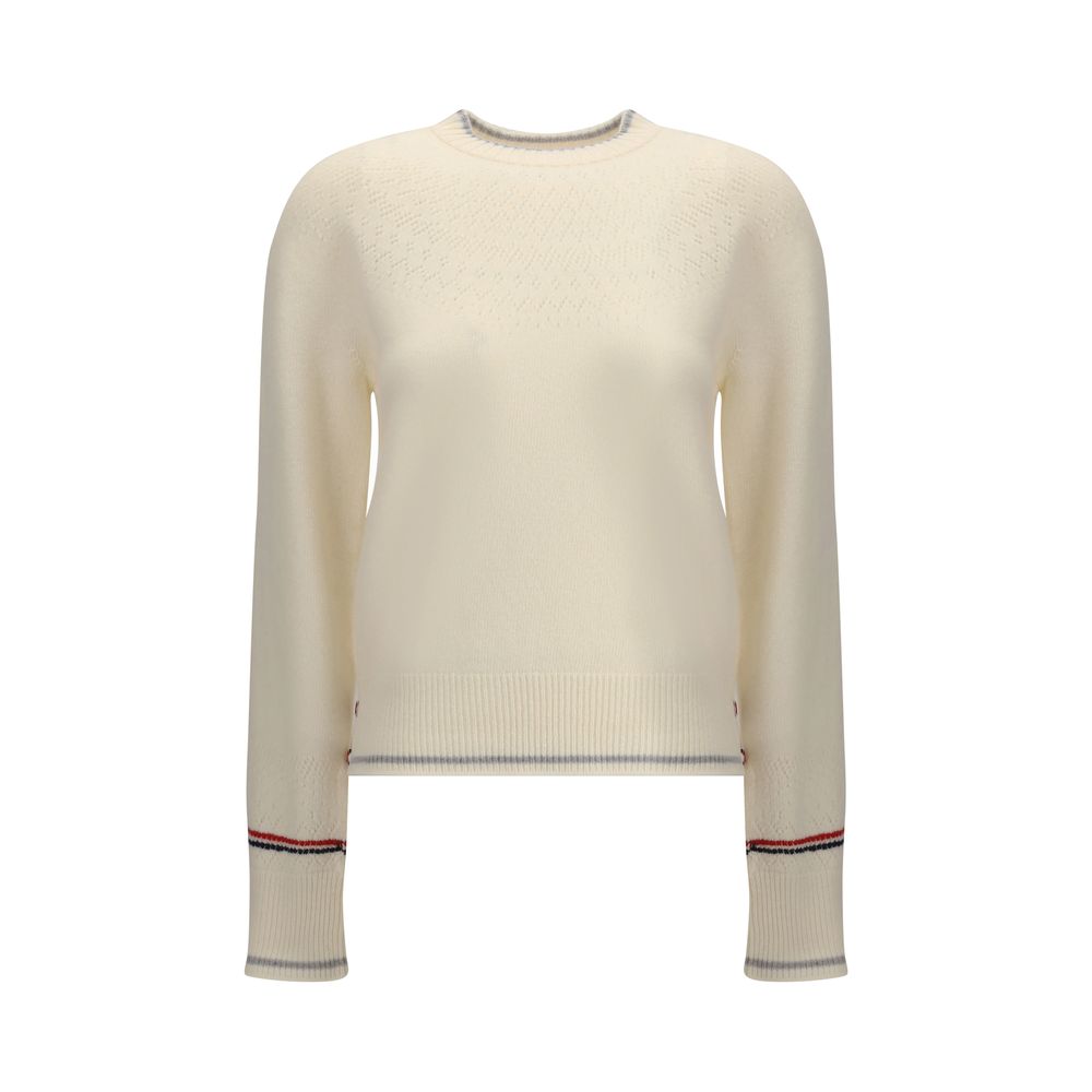 Thom Browne White Fleece Wool Sweatshirt with ribbed crew neck, tricolor bands, and striped buttons, featuring fine pointelle wool work.