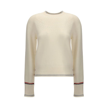Thom Browne White Fleece Wool Sweatshirt with ribbed crew neck, tricolor bands, and striped buttons, featuring fine pointelle wool work.