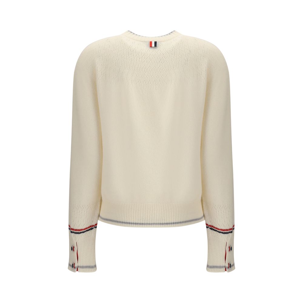 Thom Browne White Fleece Wool Sweatshirt with tricolor sleeve bands and pointelle work, showcasing ribbed neck, cuffs, and hem.