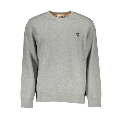 Timberland Gray Cotton Men Sweater with crew neck and Timberland logo, crafted from organic cotton for modern style and sustainability.