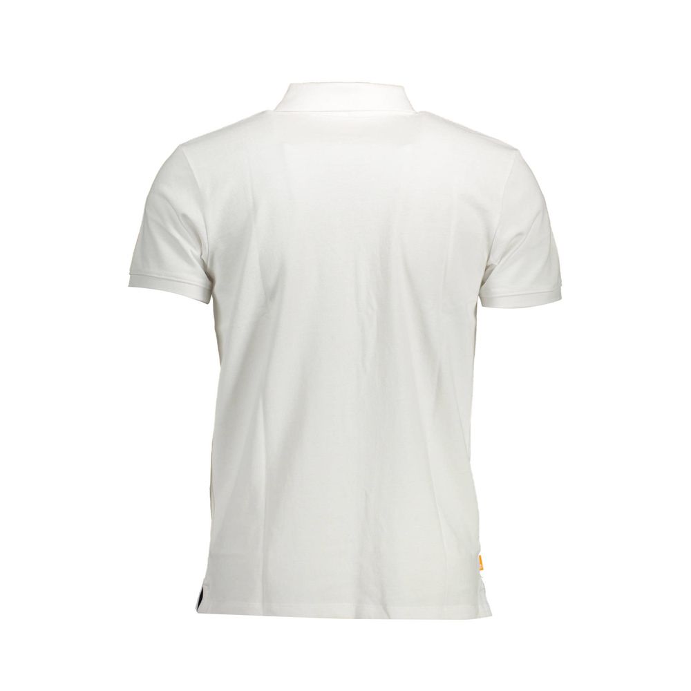 Back view of Timberland White Cotton Men Polo Shirt showcasing sleek design and short sleeves, perfect for modern style.