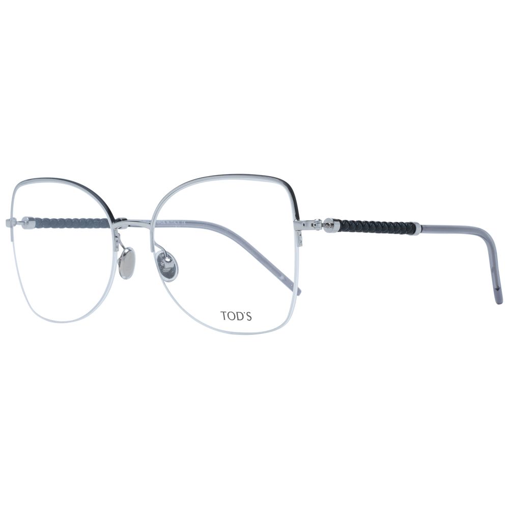 Tod's Silver Metal Glasses (Frames) for women with full-rim butterfly style, silver metal frame, and demo plastic lenses, includes branded case.
