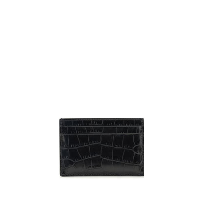 Tom Ford Black Leather Wallet with croco print, featuring three card slots and gold logo detail.
