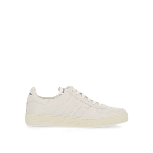 Tom Ford Leather Logo Sneakers for men, white calf leather with perforated details and rubber sole, made in Italy.