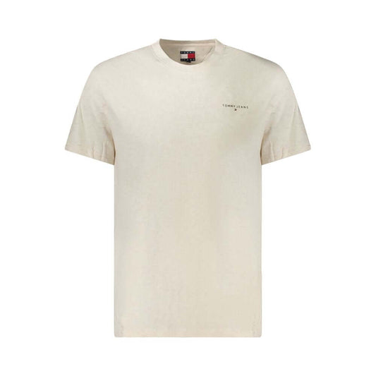 Tommy Hilfiger Beige Cotton Men T-Shirt with logo, short sleeves, sustainable fabric, classic crew neck, elegant beige color.