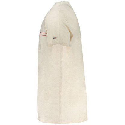 Side view of Tommy Hilfiger Beige Cotton Men T-Shirt with logo detailing on sleeve.