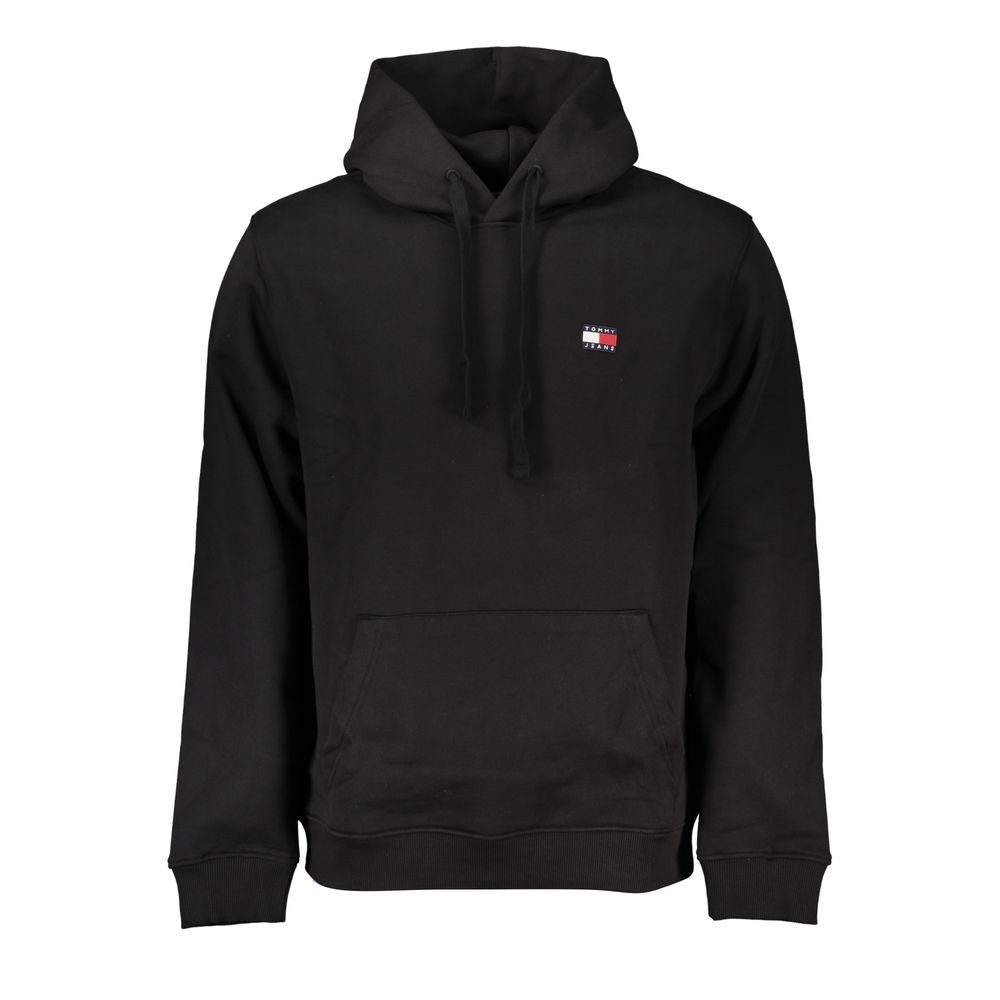 Tommy Hilfiger Black Cotton Men Sweater with Hood featuring a central pocket and logo on front.