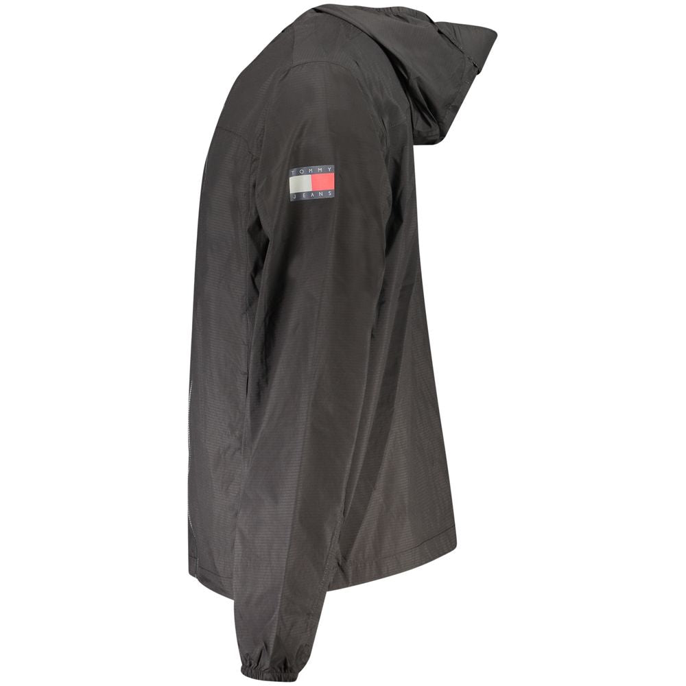 Tommy Hilfiger Black Polyamide Men Jacket with hood, featuring signature logo and sleek design.