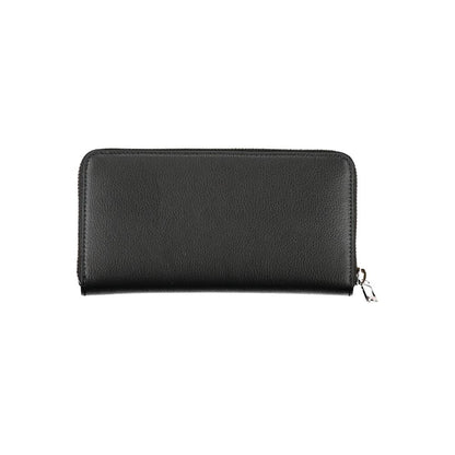 Tommy Hilfiger Black Polyester Wallet with zip closure, 5 compartments, coin purse, double card spaces, and logo made from recycled materials.