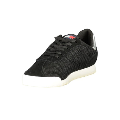 Tommy Hilfiger Black Polyester Women Sneaker with eco-friendly material and iconic logo, featuring modern style, on white background.