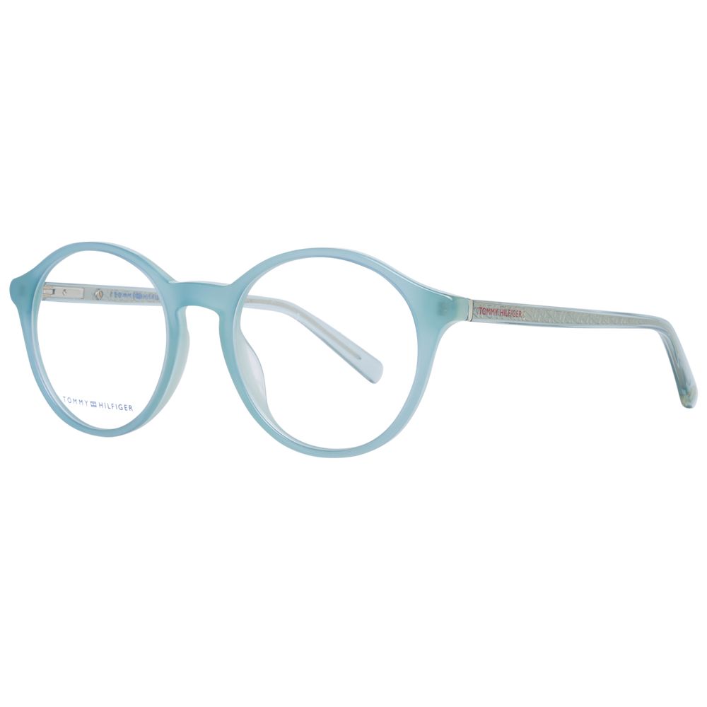 Tommy Hilfiger Blue Women Glasses Frame, plastic full-rim style with blue demo lenses, size 50-12-145, round design, no extra features.