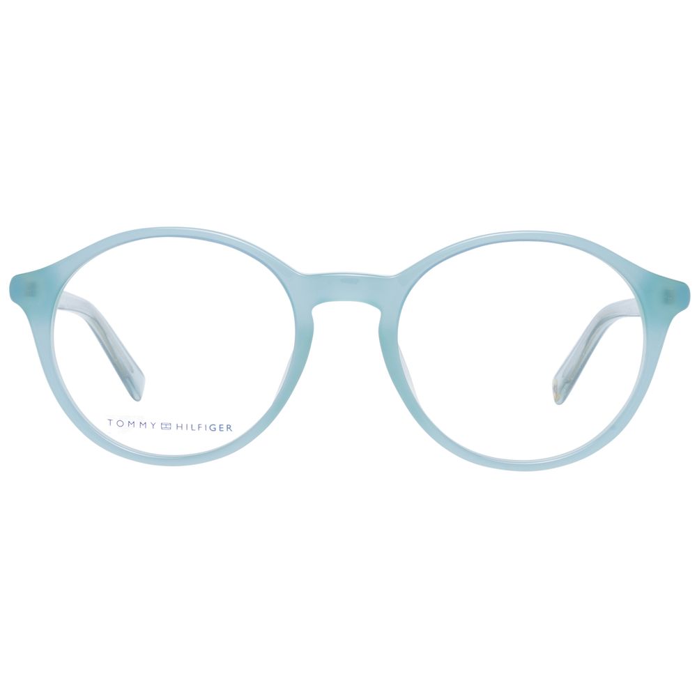 Tommy Hilfiger Blue Women Glasses Frame in full-rim round style, plastic material, featuring demo lenses. Size 50-12-145.