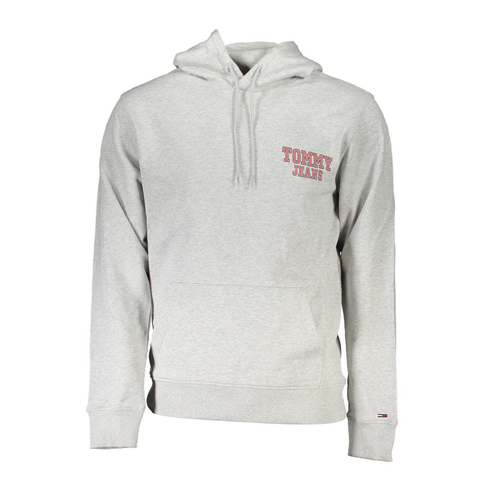 Tommy Hilfiger Gray Cotton Men Sweater with hood and logo print, showcasing transitional cotton fabric and central pocket.