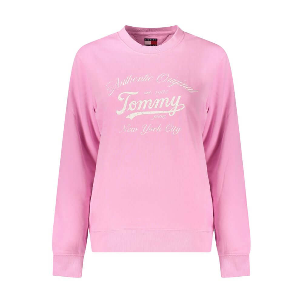 Tommy Hilfiger Pink Cotton Women Sweater with bold logo print, made with sustainable 95% regenerative cotton, long-sleeved and trendy.