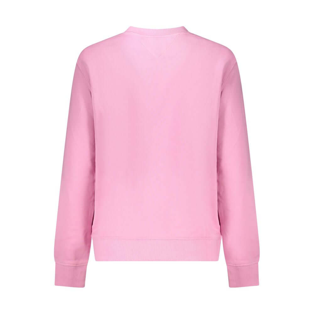 Back view of Tommy Hilfiger Pink Cotton Women Sweater showcasing eco-friendly design and bold style.