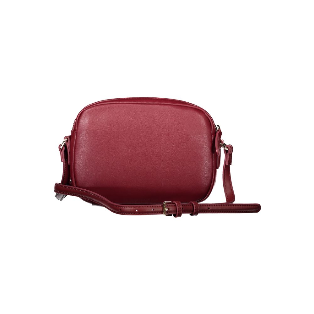 Tommy Hilfiger Red Polyester Handbag with adjustable strap, zip closure, two compartments, and internal pocket featuring logo.