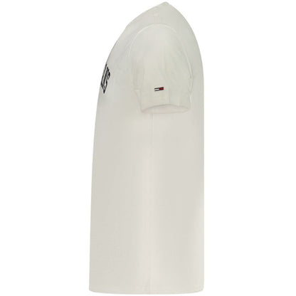 Side view of Tommy Hilfiger White Cotton Men T-Shirt showcasing logo and crew neck design.