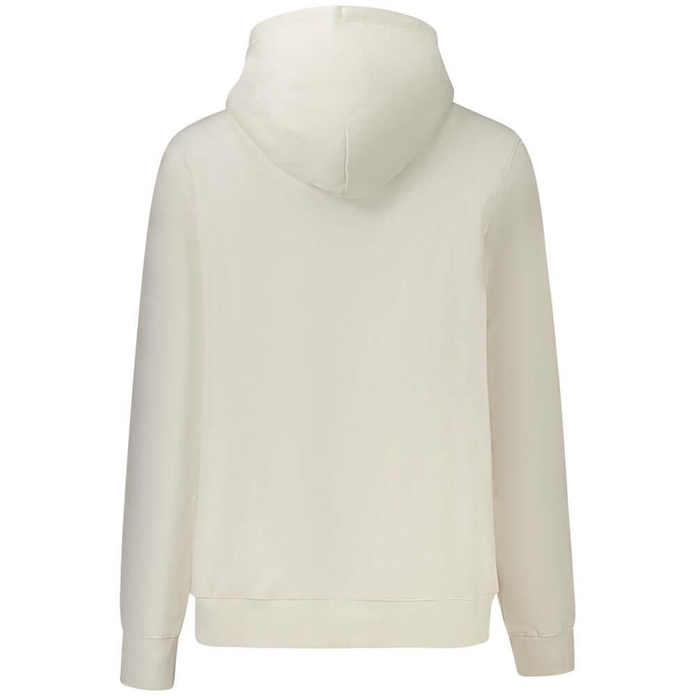 Back view of Tommy Hilfiger White Cotton Women Sweater with hood and central pocket, featuring iconic logo and sustainable design.