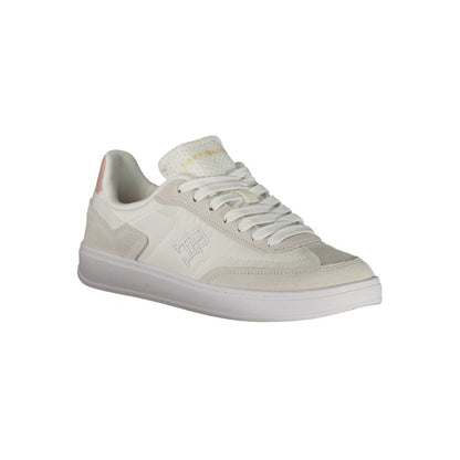 Tommy Hilfiger White Polyethylene Women Sneaker with pink accents and embroidery, showcasing contemporary style and comfort.