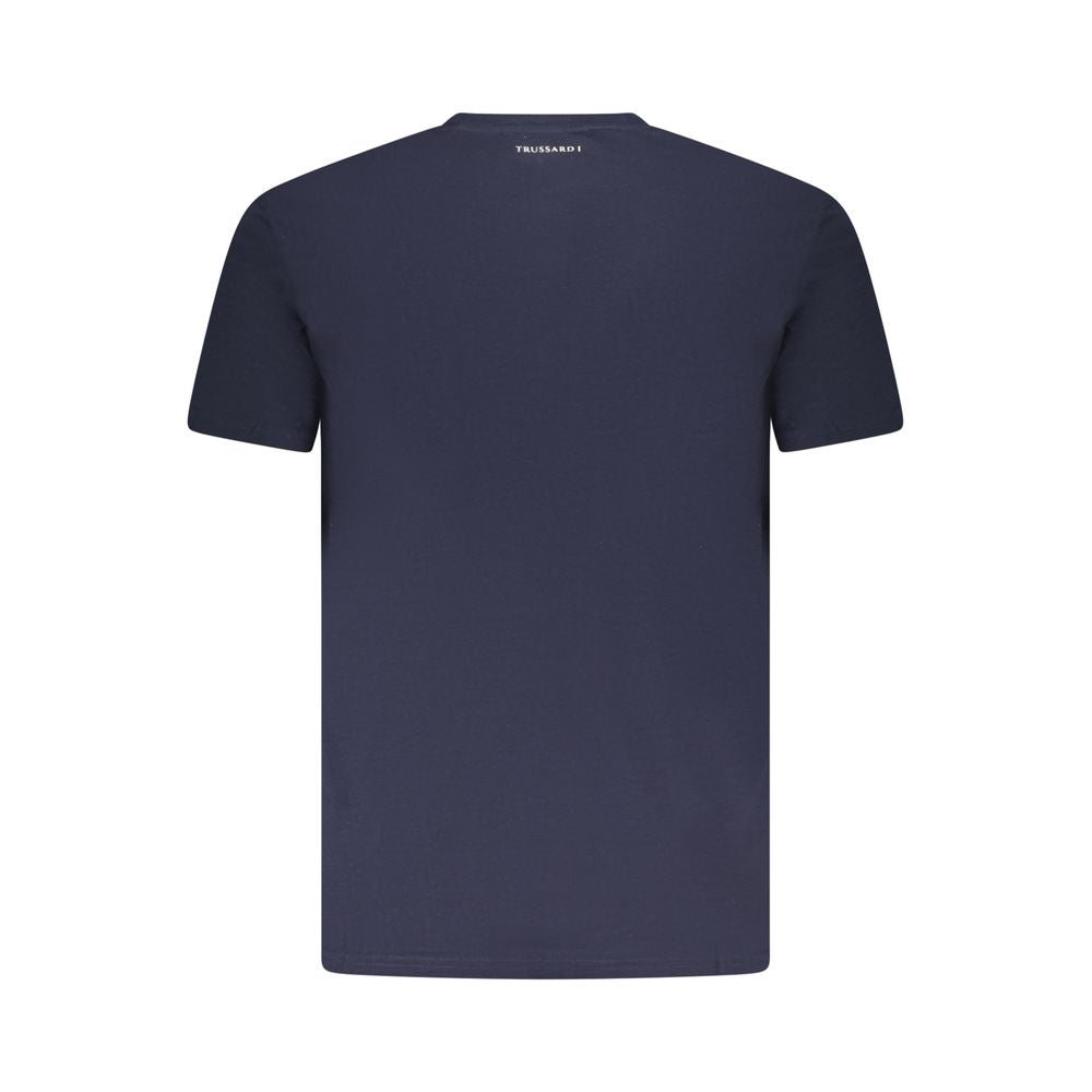Back view of Trussardi Blue Cotton Men T-Shirt showcasing short sleeves and crew neck design.