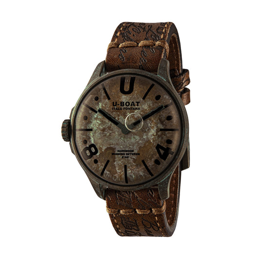 U-BOAT WATCHES Mod. 9600/A with a rustic leather strap and analog display, showcasing unique design and craftsmanship.
