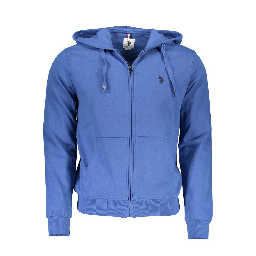 U.S. POLO ASSN. Blue Cotton Men Sweater, stylish zip-up hooded sweatshirt with pockets and logo embroidery, casual elegance for trendsetters