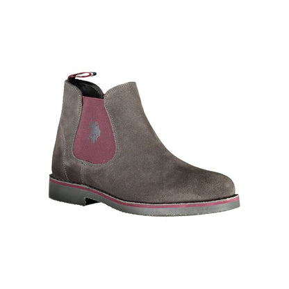 U.S. POLO ASSN. Gray Leather Mens Ankle Boot with elastic panels and iconic logo, showcasing sleek design and comfort.