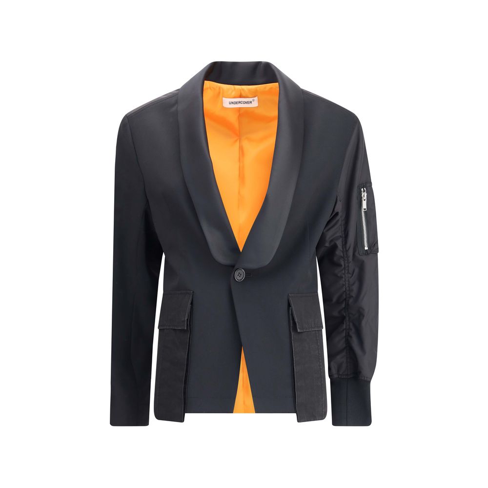 Undercover Black Polyester Bomber with shawl lapel and zippered sleeve pocket, featuring a blend of blazer structure and bomber details.
