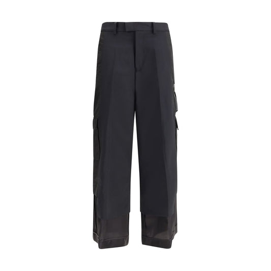 Undercover Black Polyester Cargo Pants with wide legs and paneled design, featuring side cargo pockets, AW25 collection.