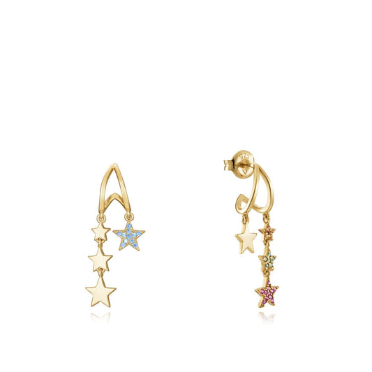 Gold star-shaped drop earrings with multicolor stones on white backdrop.