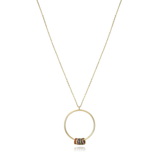 Elegant gold necklace with circular pendant adorned with colorful stones, ideal jewelry for ladies.