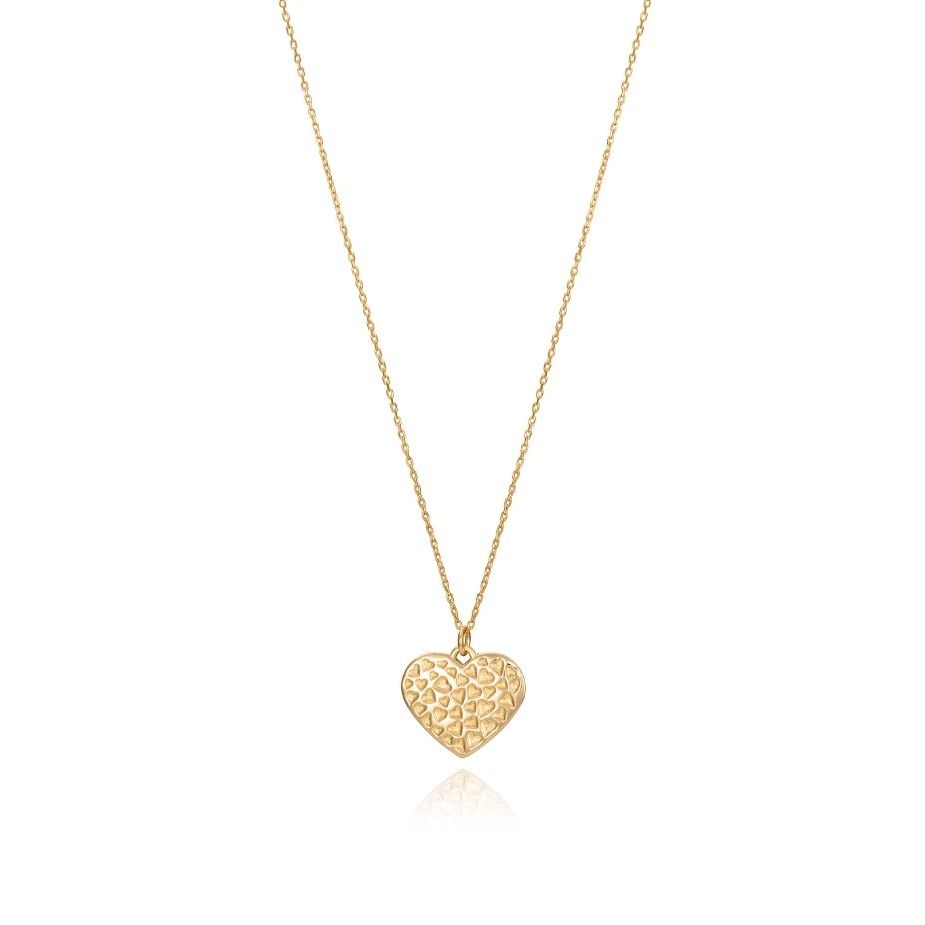Heart-shaped gold necklace pendant on a thin chain with a delicate pattern, showcasing elegant design jewelry piece.
