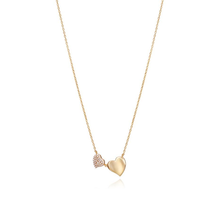 Gold heart necklace featuring two pendants on a delicate chain.