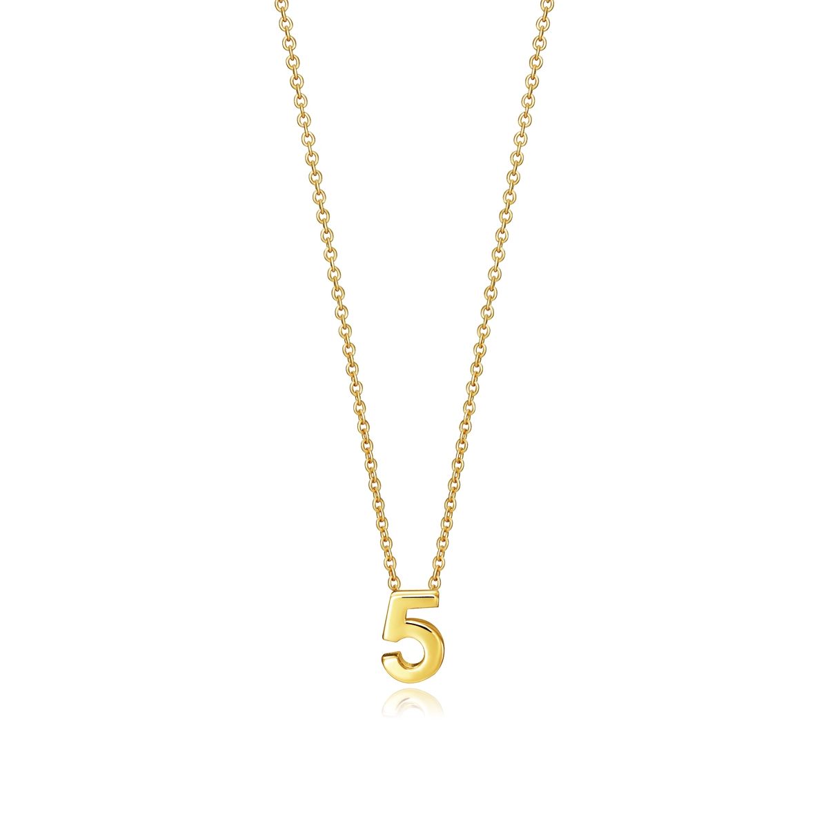 Gold necklace with number 5 pendant on chain.
