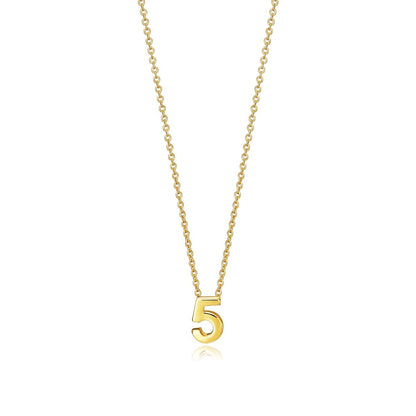 Gold necklace with number 5 pendant on chain.