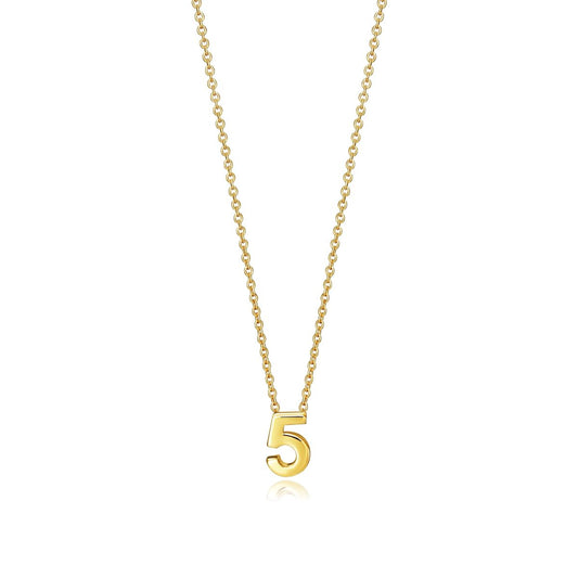 Gold necklace with number 5 pendant on a white background.
