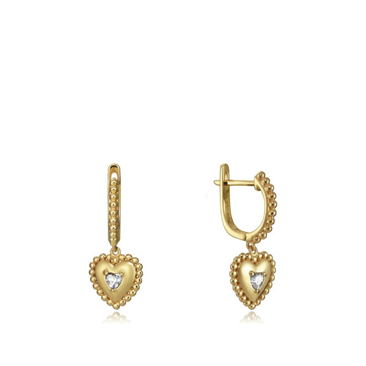 Gold heart-shaped earrings with diamond center, elegant design.