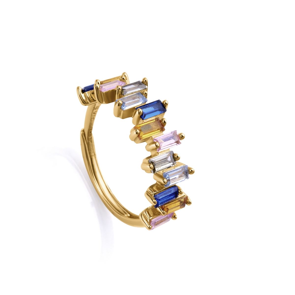 Multi-colored gemstone ring in gold setting with rectangular stones